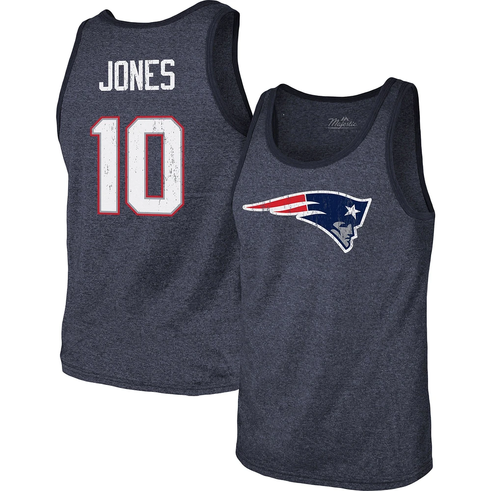 Men's Majestic Threads Mac Jones Heathered Navy New England Patriots Player Name & Number Tri-Blend Tank Top