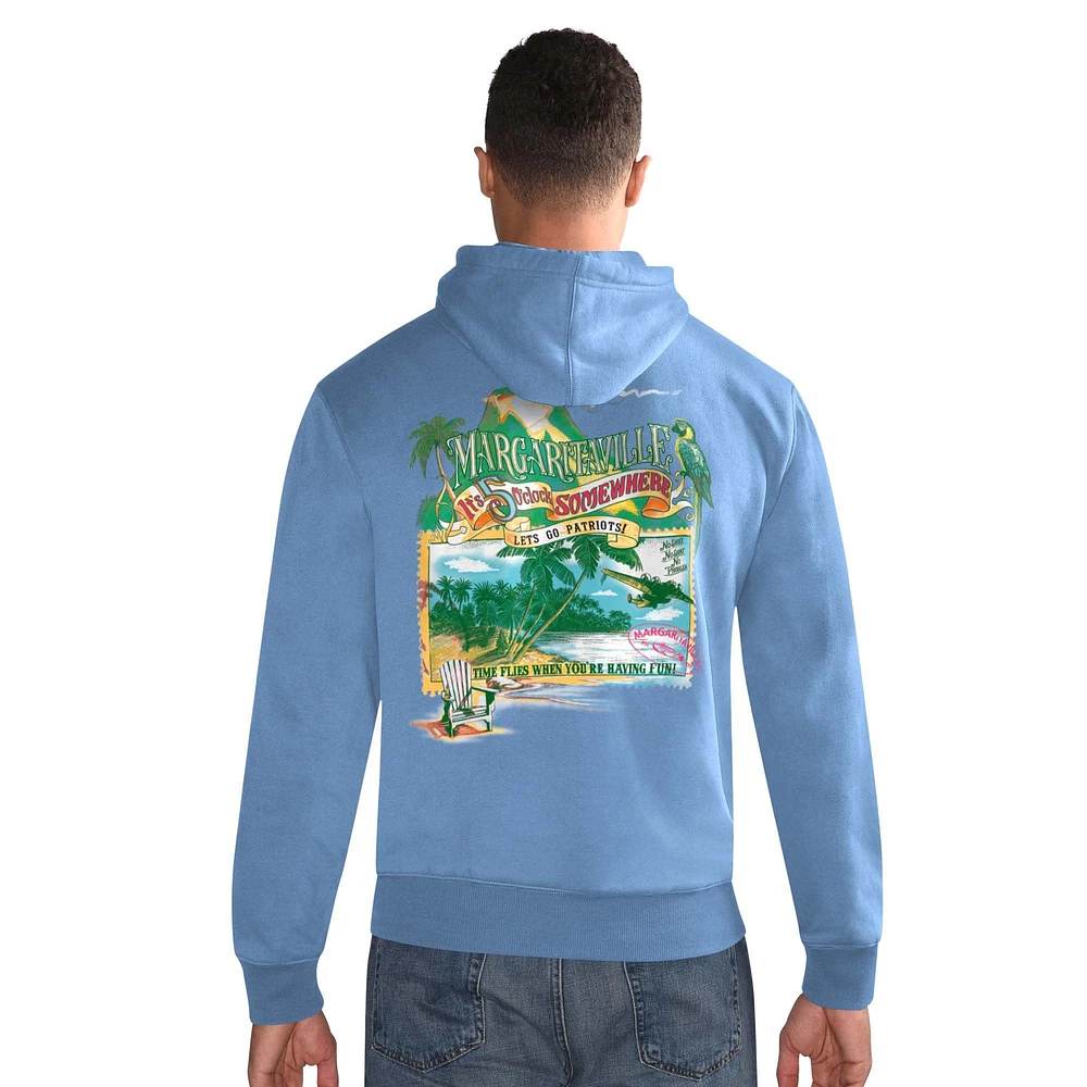 Men's Margaritaville  Blue New England Patriots Time Flies Garment Dyed Pullover Hoodie