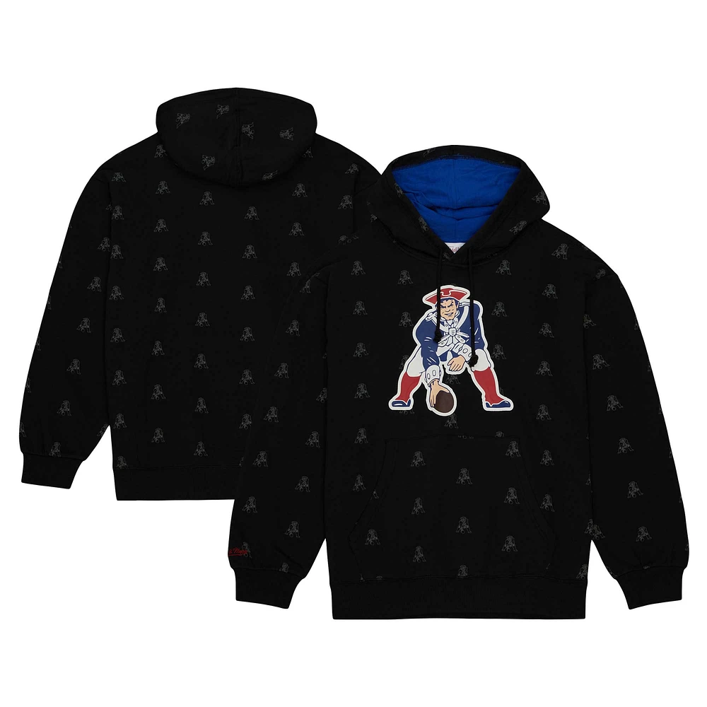 Men's Mitchell & Ness Black New England Patriots Allover Print Fleece Pullover Hoodie