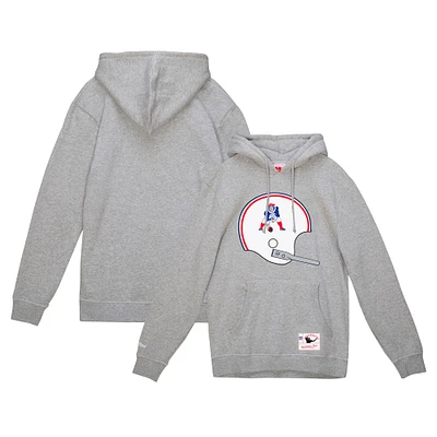 Men's Mitchell & Ness Heather Gray New England Patriots Helmet Logo Vintage Pullover Hoodie