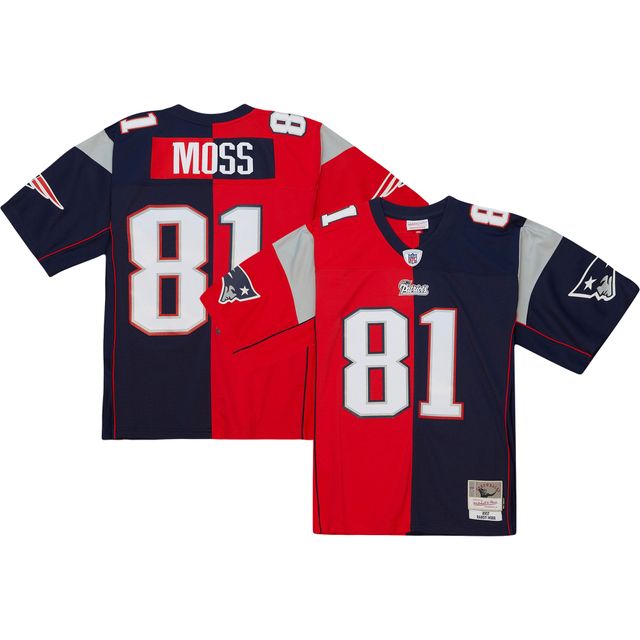 Maillot réplique Mitchell & Ness Randy Moss bleu marine/rouge des New England Patriots 2007 Split Legacy pour hommes