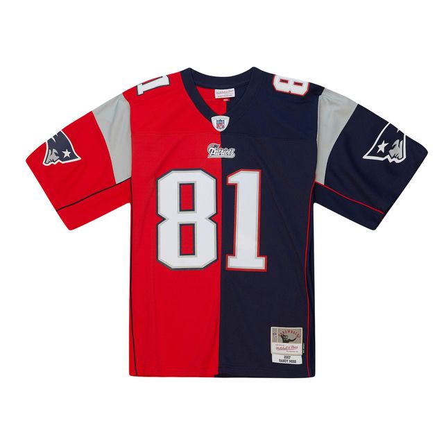 Maillot réplique Mitchell & Ness Randy Moss bleu marine/rouge des New England Patriots 2007 Split Legacy pour hommes