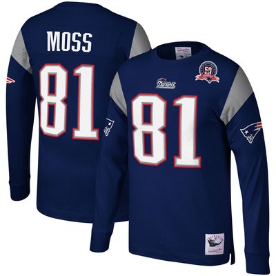 Men's Mitchell & Ness Randy Moss Navy New England Patriots Retired Player Name Number Long Sleeve Top