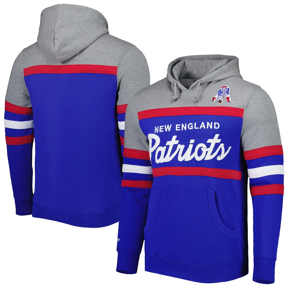 Men's Mitchell & Ness Royal/Heathered Gray New England Patriots Head Coach Pullover Hoodie