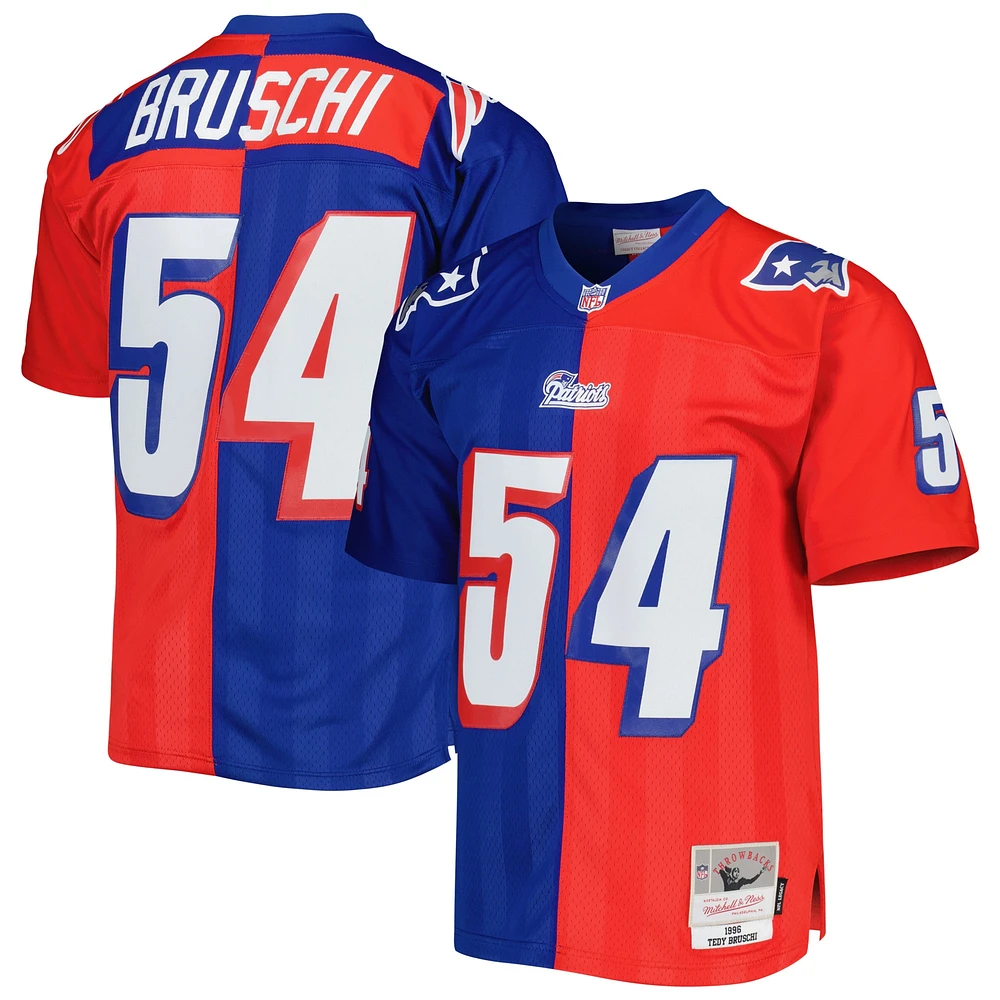 Men's Mitchell & Ness Tedy Bruschi Royal/Red New England Patriots 1996 Split Legacy Replica Jersey