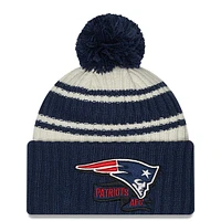 Men's New Era Cream/Navy New England Patriots 2022 Sideline - Sport Cuffed Pom Knit Hat
