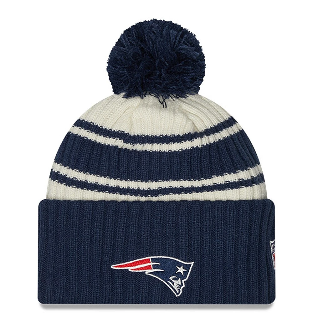 Men's New Era Cream/Navy New England Patriots 2022 Sideline - Sport Cuffed Pom Knit Hat