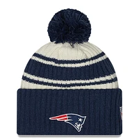 Men's New Era Cream/Navy New England Patriots 2022 Sideline - Sport Cuffed Pom Knit Hat
