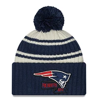 Men's New Era Cream/Navy New England Patriots 2022 Sideline - Sport Cuffed Pom Knit Hat