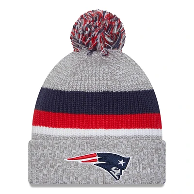 Bonnet en tricot à revers New Era Patriots de la Nouvelle-Angleterre pour hommes avec pompon gris chiné