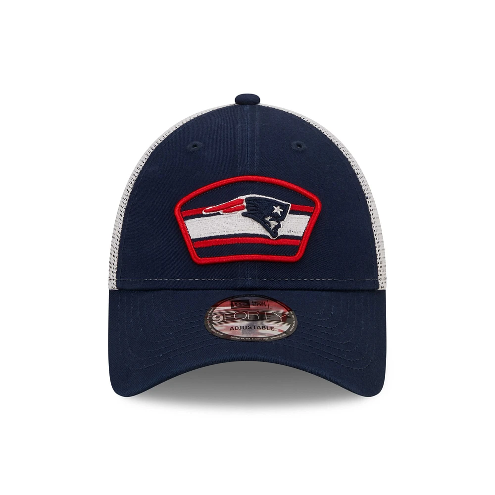 Men's New Era Navy/White New England Patriots Logo Patch Trucker 9FORTY Snapback Hat