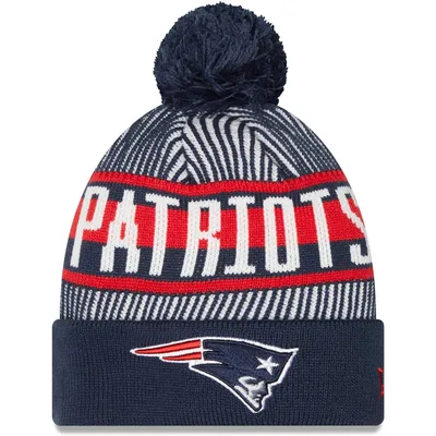 New Era Navy Patriots de la Nouvelle-Angleterre à rayures pour homme - Bonnet en tricot à revers avec pompon