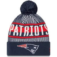 New Era Navy Patriots de la Nouvelle-Angleterre à rayures pour homme - Bonnet en tricot à revers avec pompon