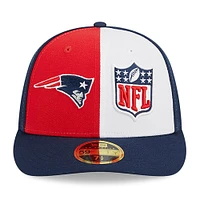 Casquette ajustée 59FIFTY Sideline Low Profile des Patriots de la Nouvelle-Angleterre 2023 New Era pour homme, rouge/bleu marine