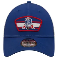 Men's New Era Royal/White New England Patriots Logo Patch Trucker 9FORTY Snapback Hat