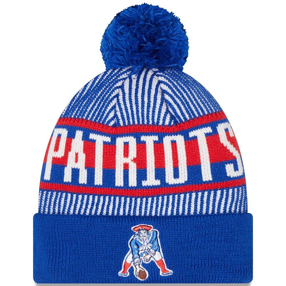 Bonnet en tricot à revers rayé Royal New England Patriots New Era pour hommes avec pompon