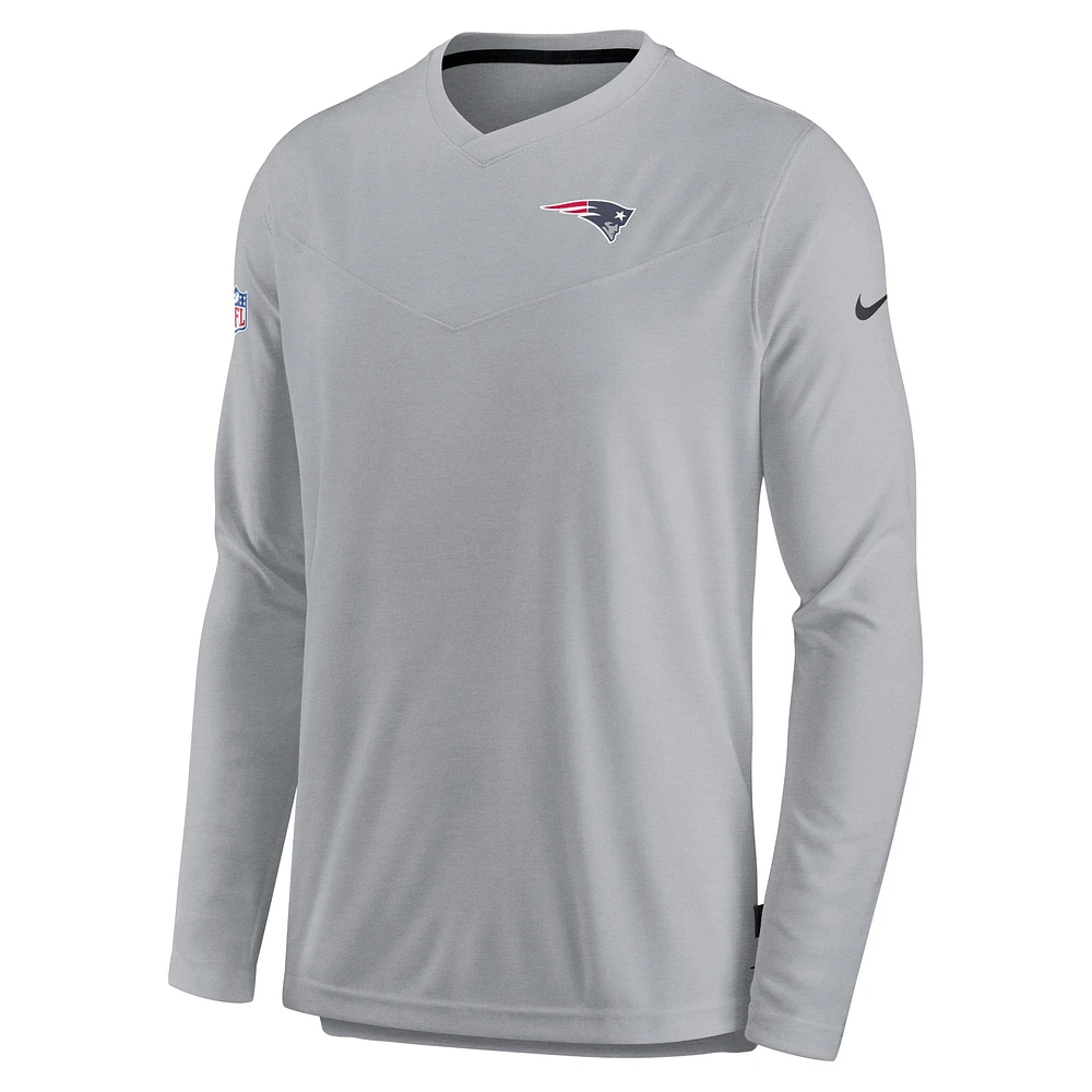 Men's Nike Gray New England Patriots Sideline Coach Chevron Lock Up Long Sleeve V-Neck Performance T-Shirt