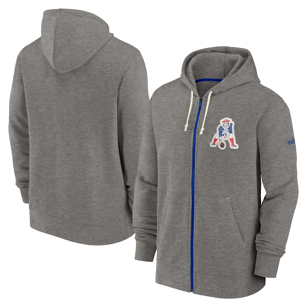 Sweat à capuche entièrement zippé Nike Heather Charcoal New England Patriots Historic Lifestyle pour homme