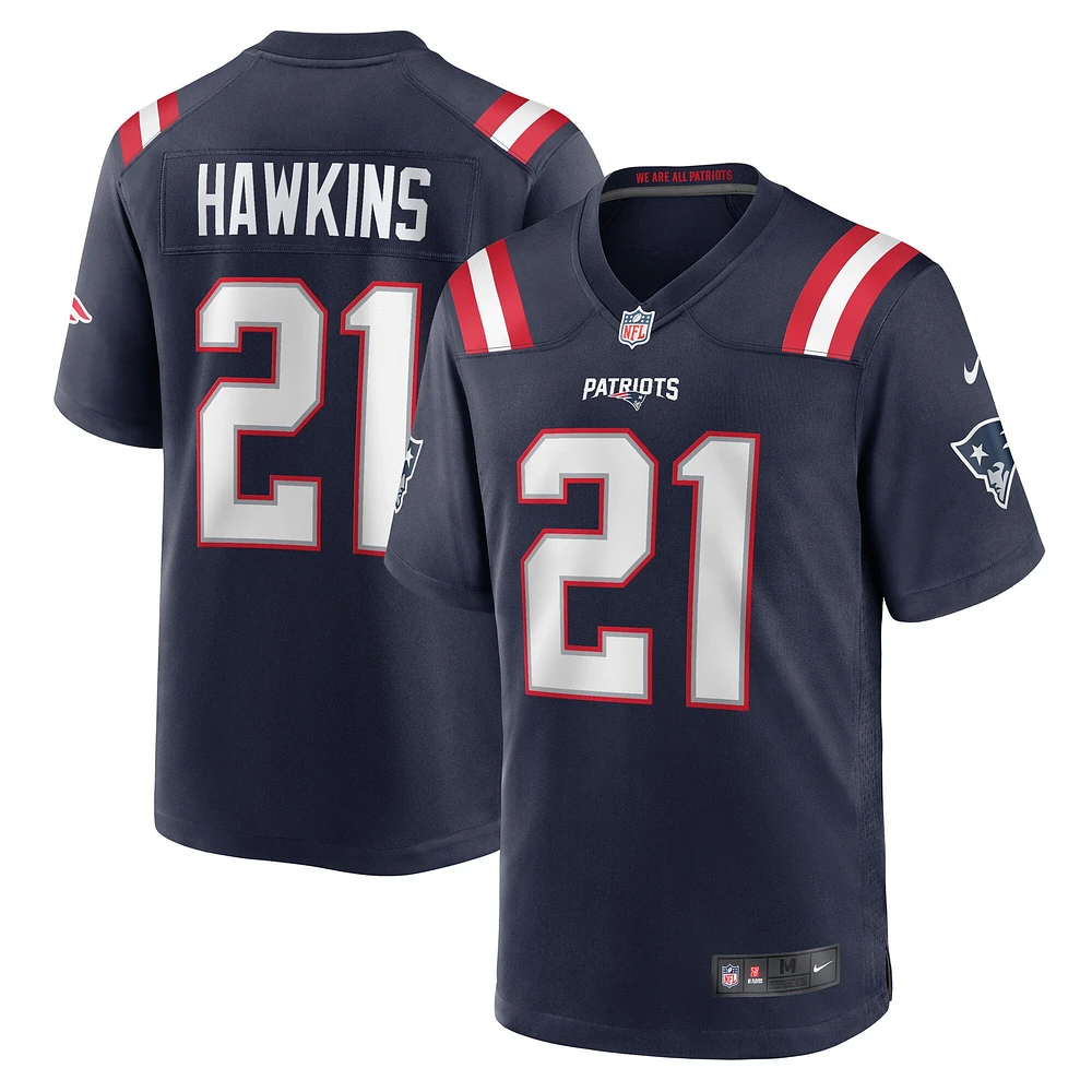 Maillot de match Nike Jaylinn Hawkins bleu marine pour homme des New England Patriots