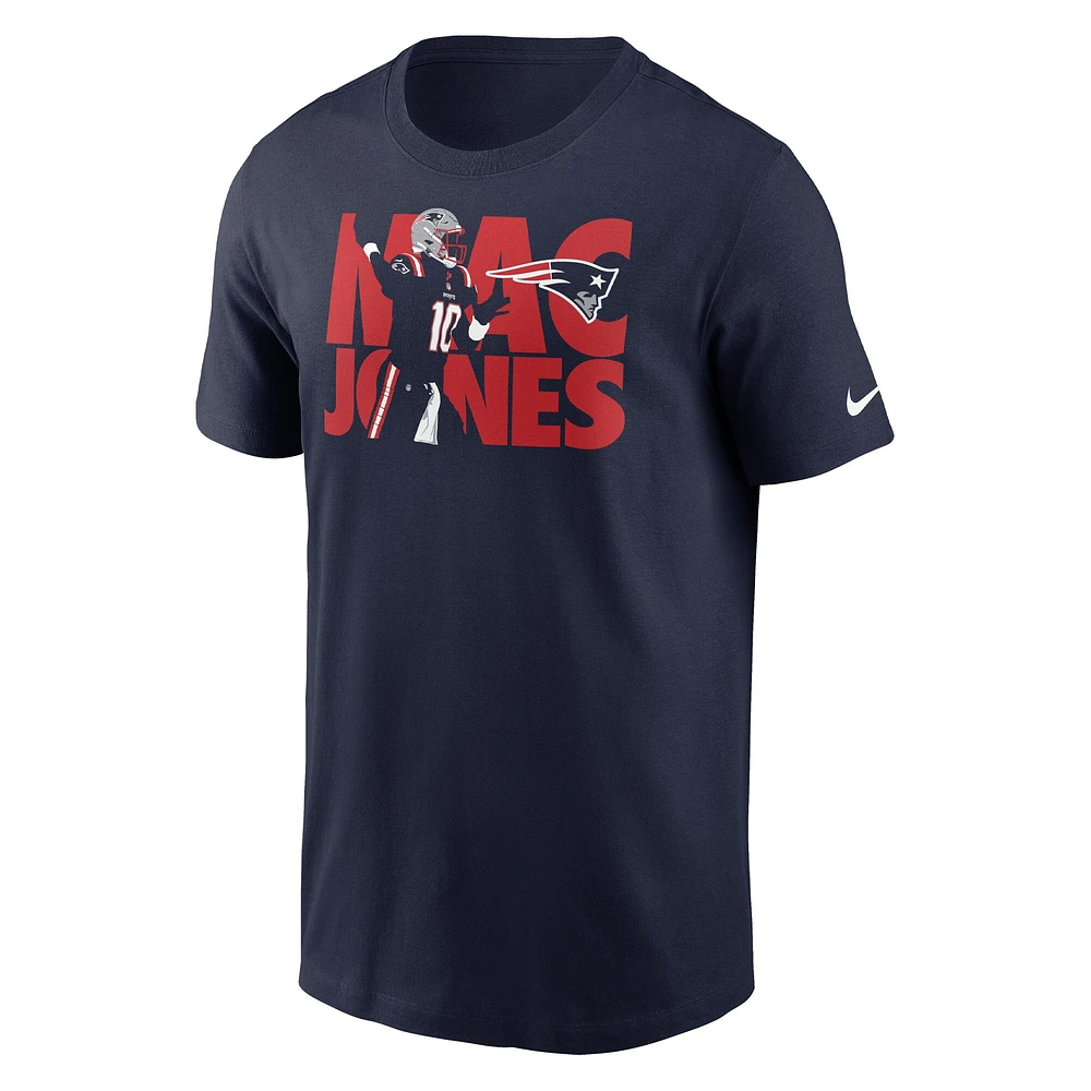 T-shirt graphique Nike Mac Jones pour homme, bleu marine, joueur des New England Patriots