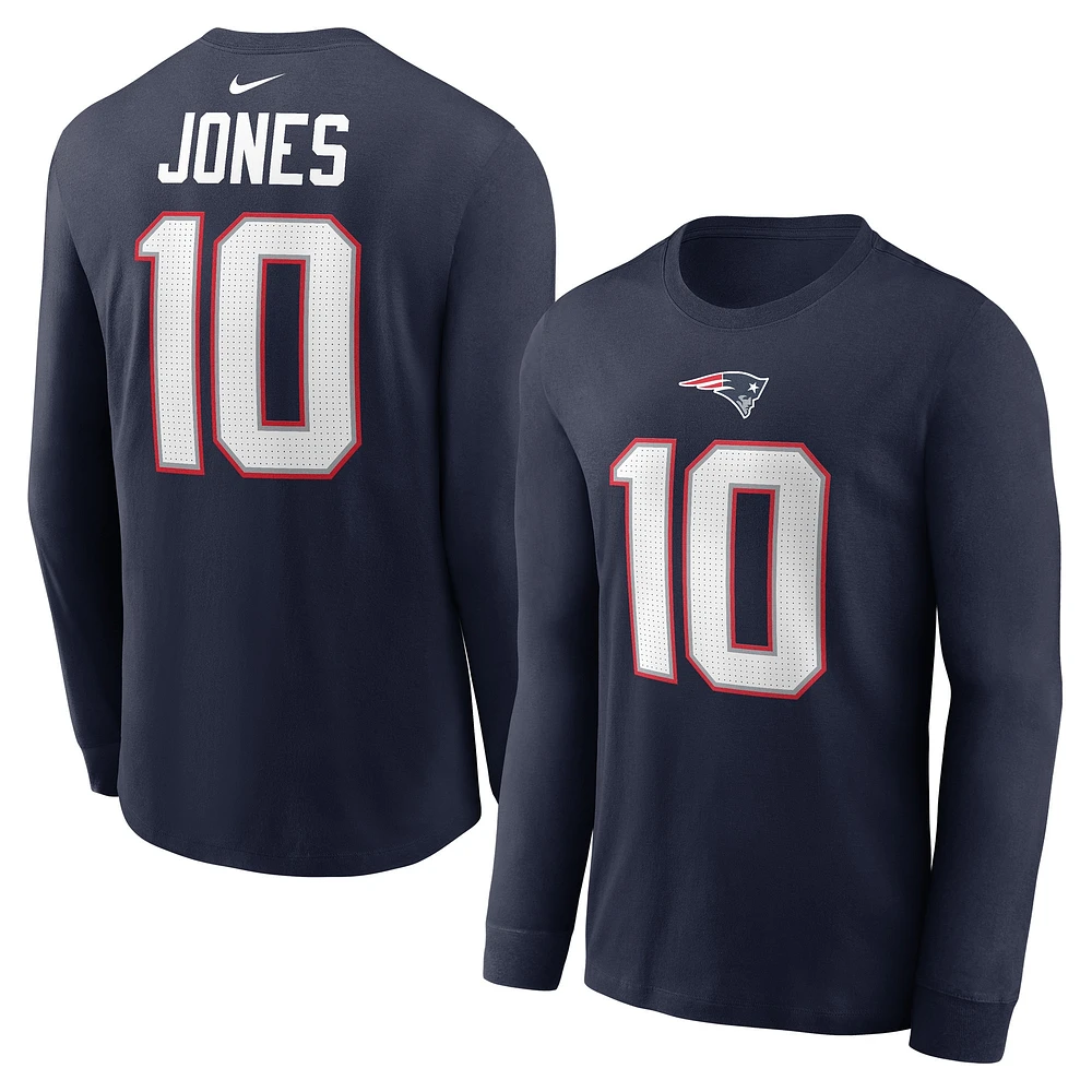 T-shirt à manches longues Nike Mac Jones pour hommes, bleu marine, nom et numéro du joueur des New England Patriots