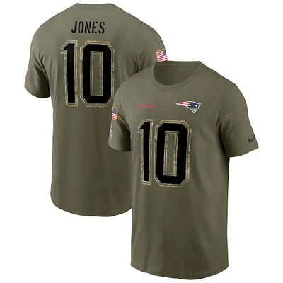 T-shirt Nike Mac Jones pour homme avec nom et numéro Salute To Service des New England Patriots Olive