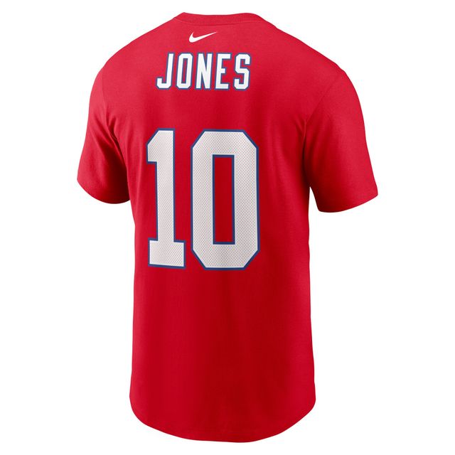 T-shirt avec nom et numéro de joueur alternatif des New England Patriots Nike Mac Jones rouge pour homme