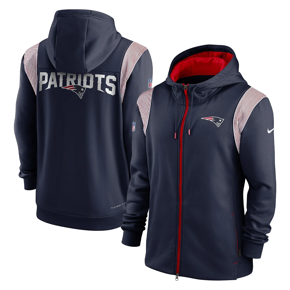 Chandail à capuchon glissière pleine longueur pour homme Nike New England Patriots Performance Sideline Lockup - Bleu marine