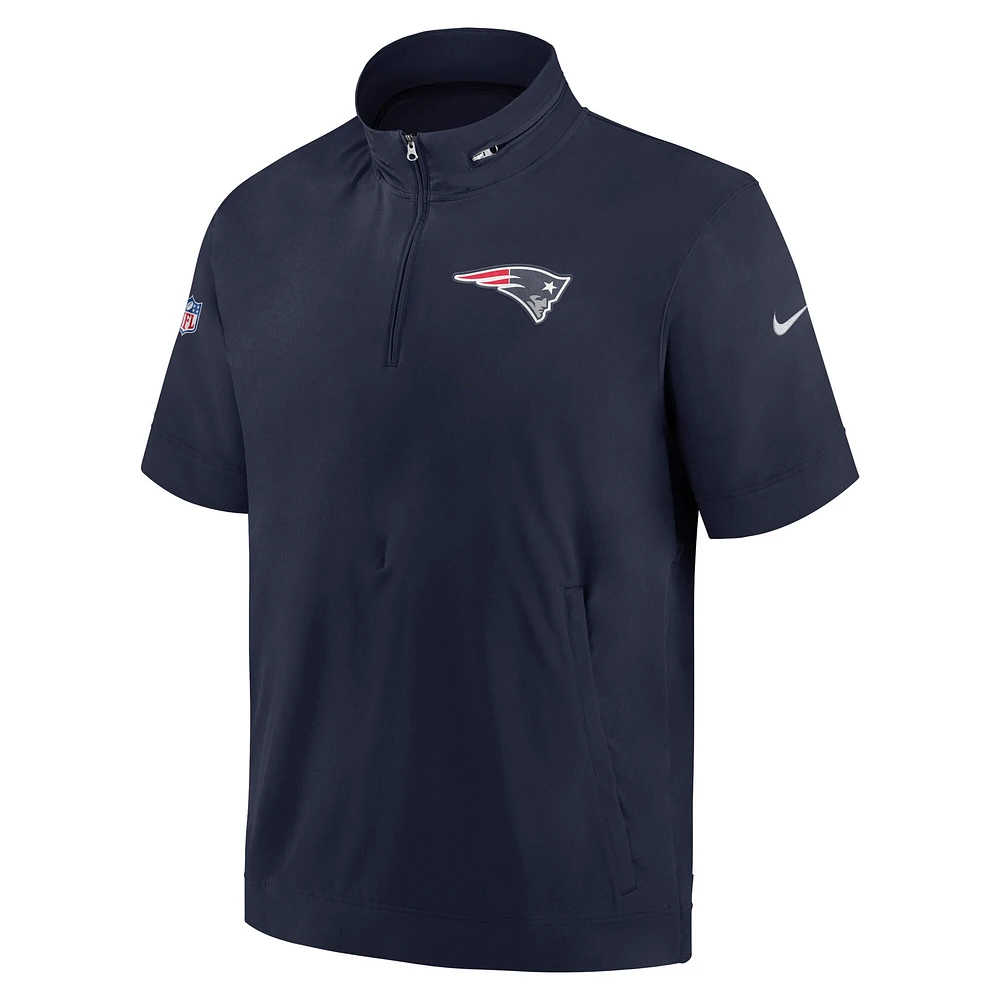 Men's Nike  Navy New England Patriots Sideline Coach Short Sleeve Hoodie Quarter-Zip Jacket