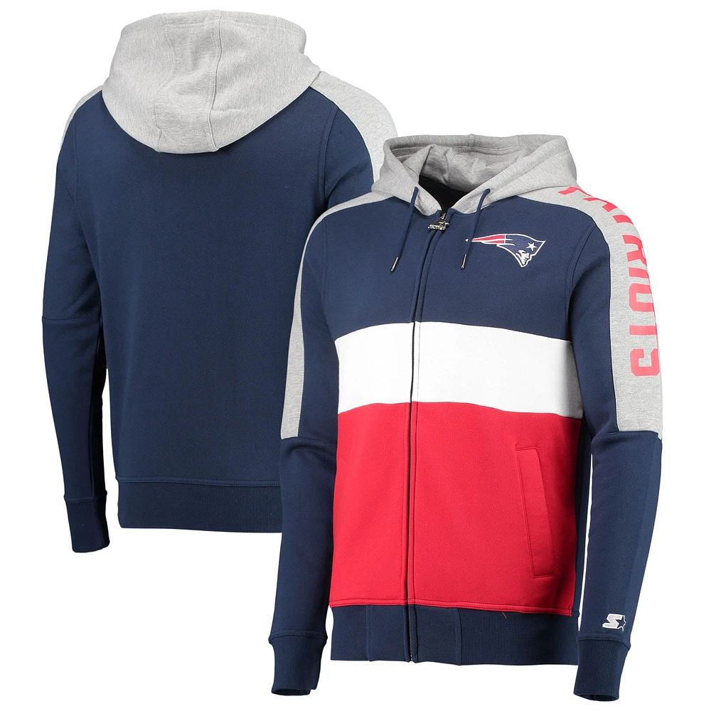 Chandail à capuchon avec fermeture éclair et blocs de couleurs des éliminatoires Patriots la Nouvelle-Angleterre Starter bleu marine/rouge pour homme