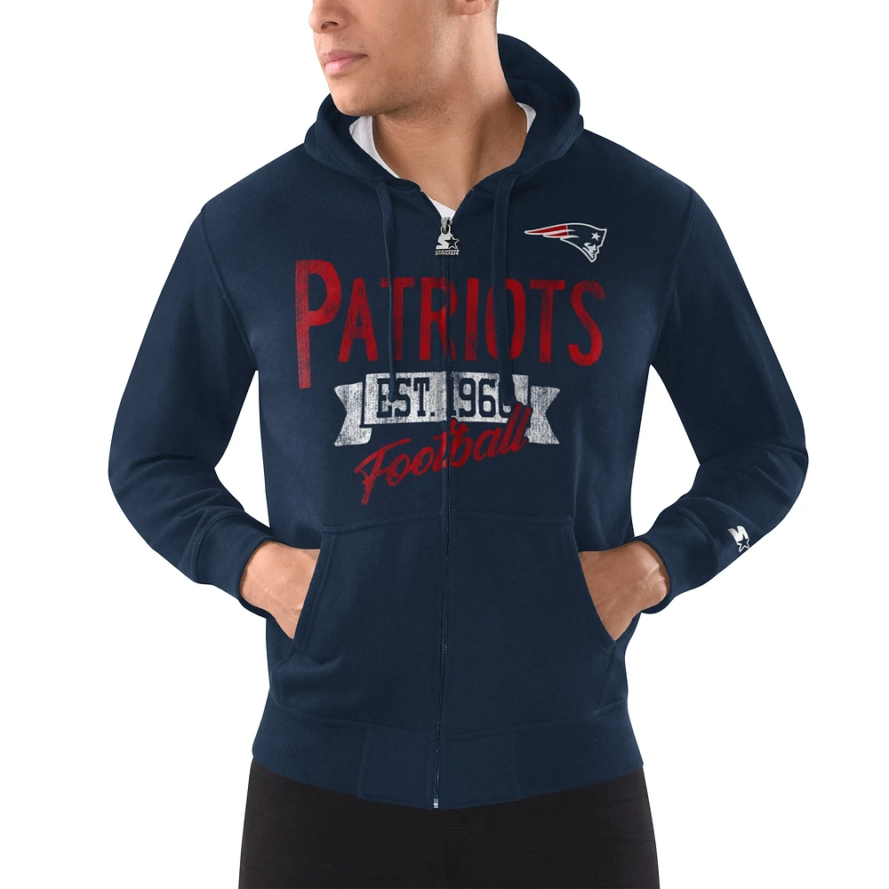 Men's Starter Navy New England Patriots Domestic Post Season Full-Zip Hoodie