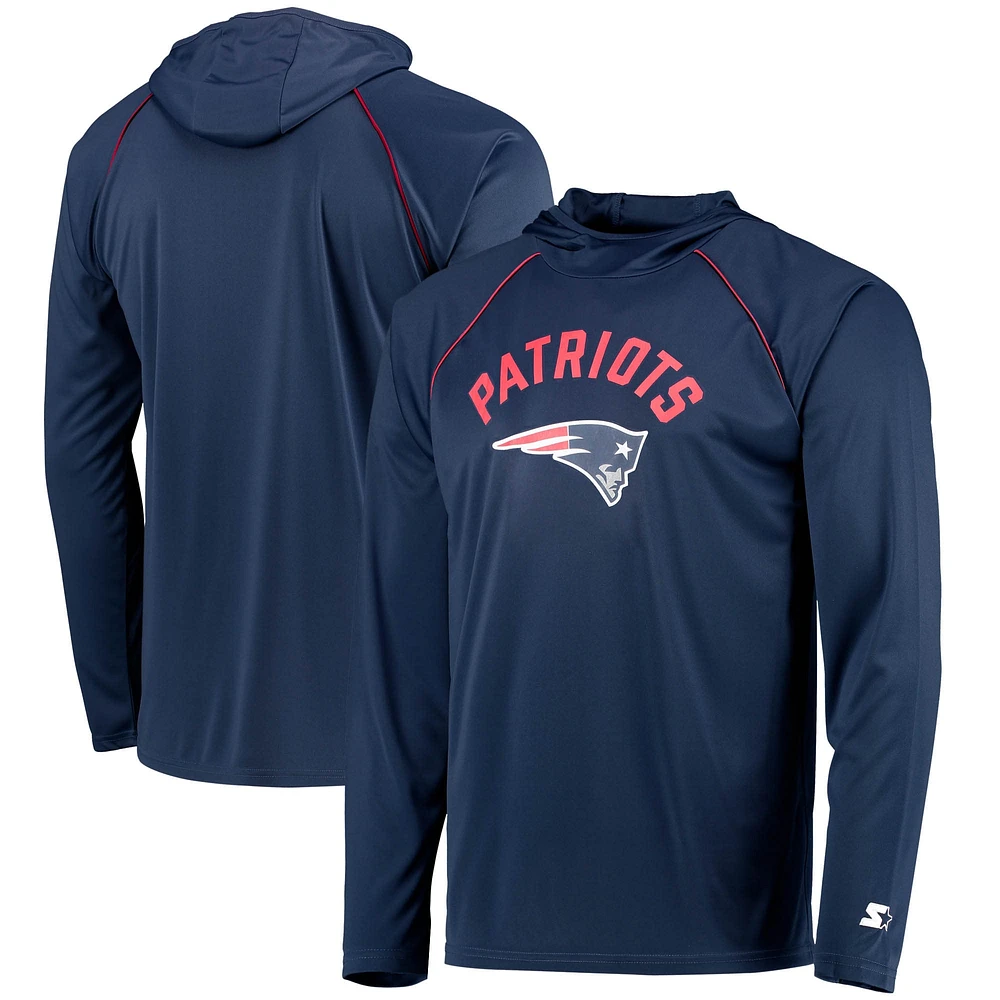 Men's Starter Navy New England Patriots Raglan Long Sleeve Hoodie T-Shirt