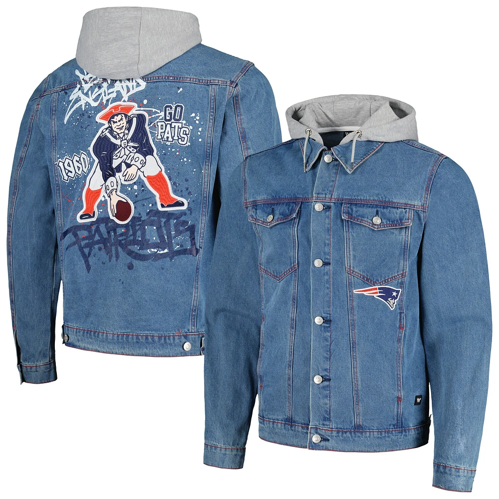 Veste en jean à capuche et boutons complets pour hommes The Wild Collective New England Patriots