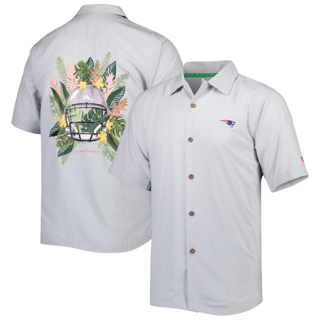 Chemise boutonnée pour homme Tommy Bahama Gray New England Patriots Coconut Point Frondly Fan Camp IslandZone