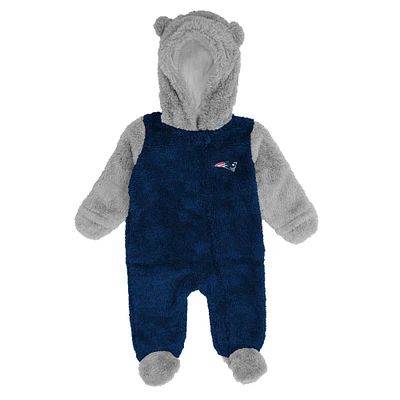 New England Patriots Newborn & Infant Game Nap Teddy Fleece Bunting Full-Zip Sleeper - Navy/Gray