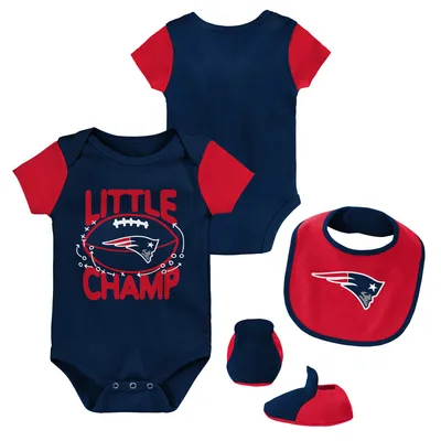 New England Patriots Newborn & Infant Little Champ Three-Piece Bodysuit, Bib Booties Set - Navy/Red