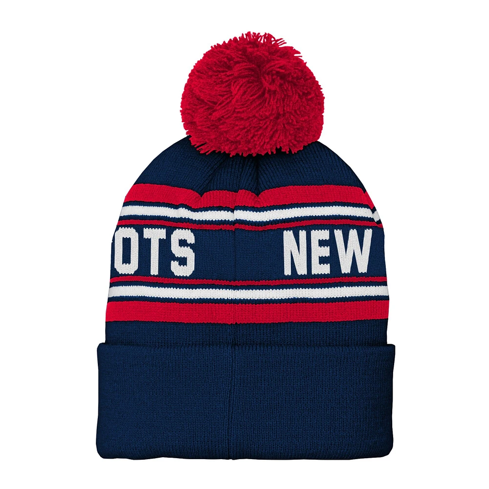 Bonnet en tricot à revers jacquard des New England Patriots de la marine préscolaire avec pompon