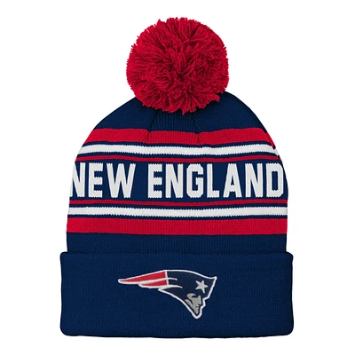 Bonnet en tricot à revers jacquard des New England Patriots de la marine préscolaire avec pompon