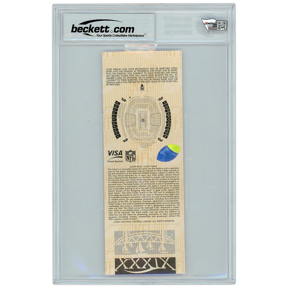 Billet dédicacé par Tom Brady des New England Patriots pour le Super Bowl XXXIX - Beckett noté 10