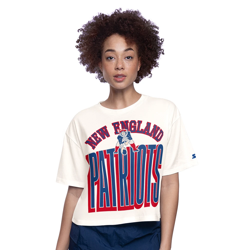 Women's Starter  White New England Patriots Throwback Play the Ball Boxy Cropped T-Shirt