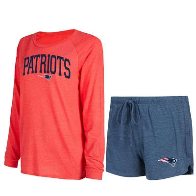 Ensemble de salon Concepts Sport pour femmes, t-shirt et short à manches longues raglan, bleu marine/rouge, New England Patriots