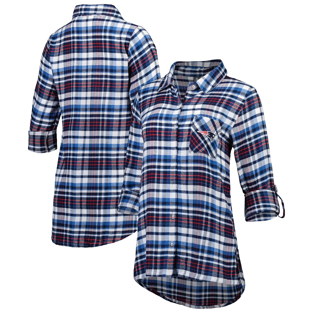 Women's Concepts Sport Navy New England Patriots Mainstay Plaid Full-Button Long Sleeve Nightshirt