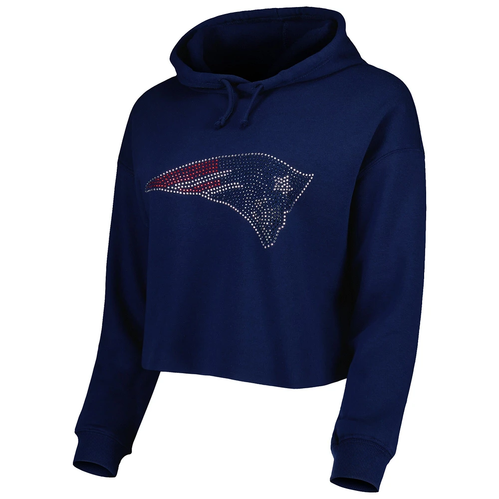 Chandail à capuchon court avec logo en cristal Cuce pour femme, New England Patriots, bleu marine