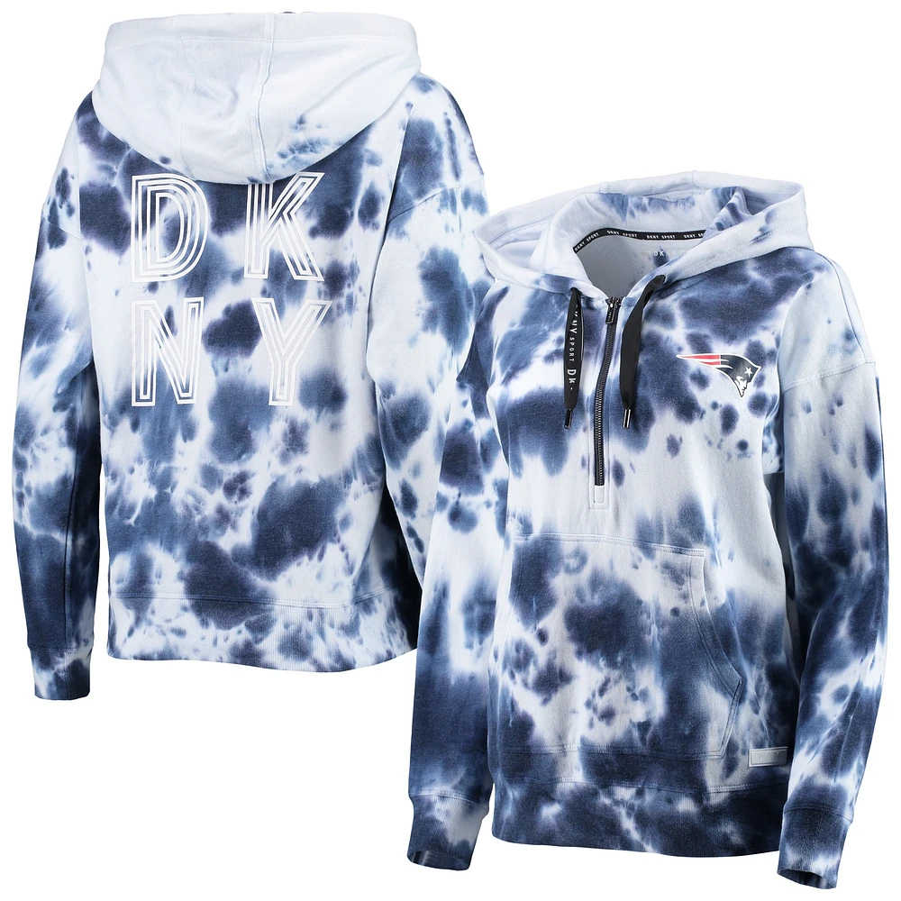 Women's DKNY Sport White/Navy New England Patriots Dakota Oversized Tie-Dye Half-Zip Hoodie