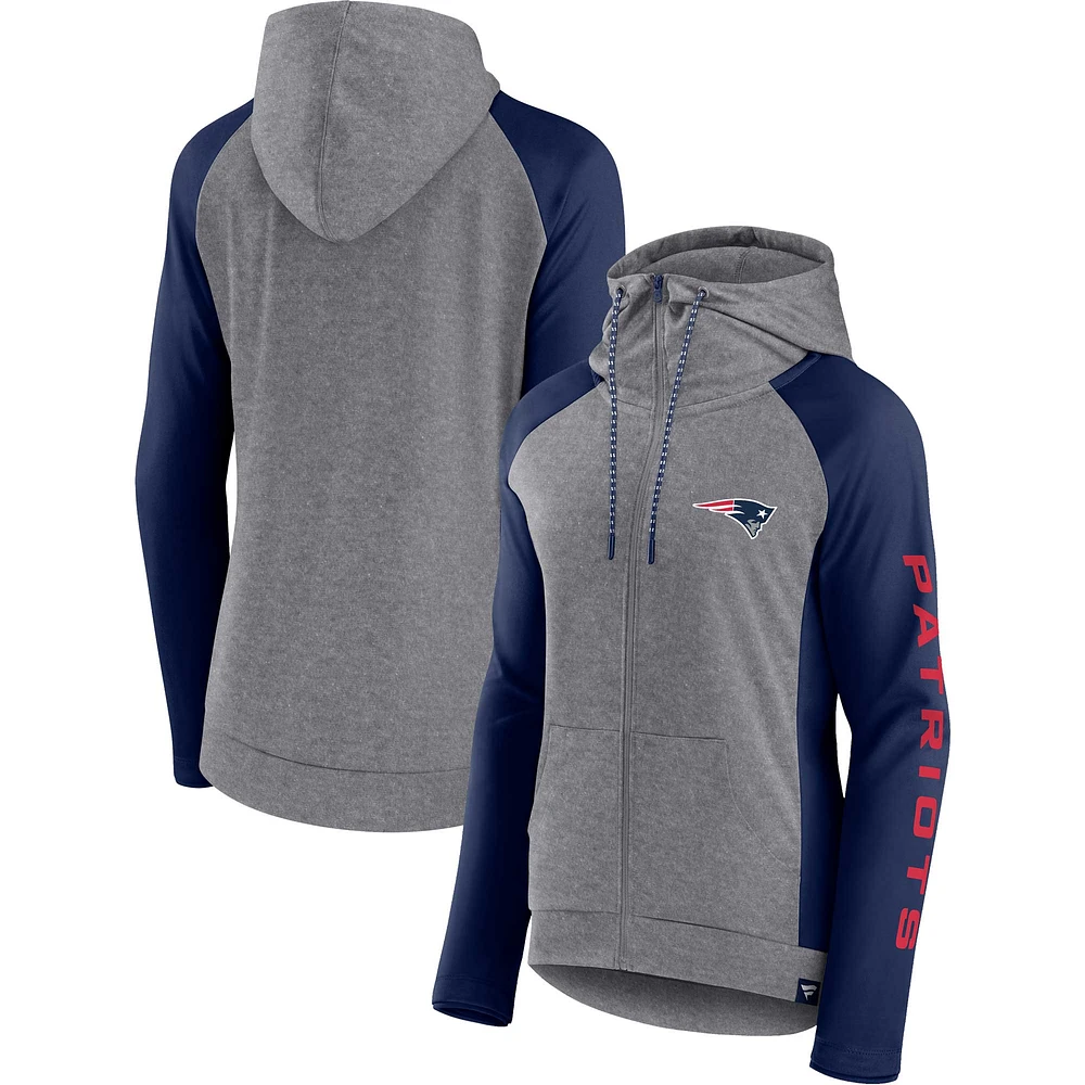 Sweat à capuche léger entièrement zippé pour femmes Fanatics Heather Grey/College Navy New England Patriots Blind Side