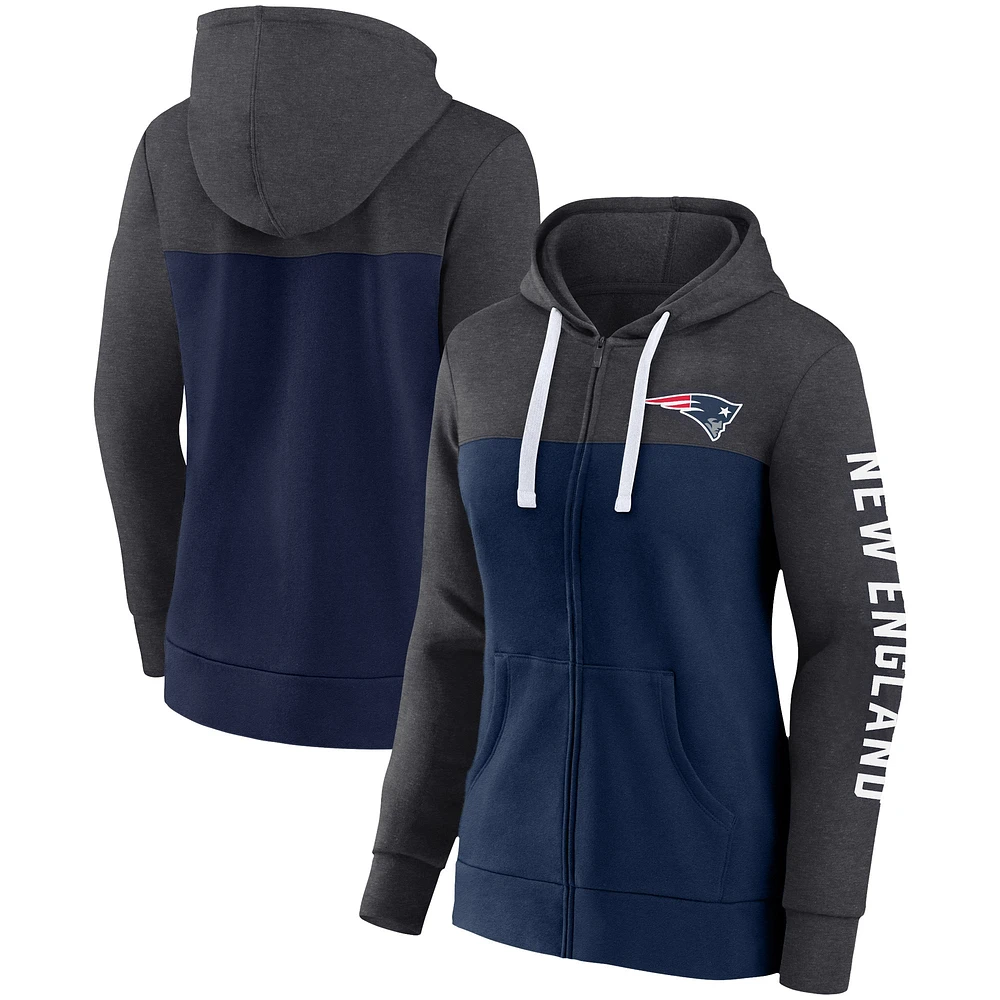 Sweat à capuche entièrement zippé Fanatics Heather Navy New England Patriots grande taille City Ties pour femmes