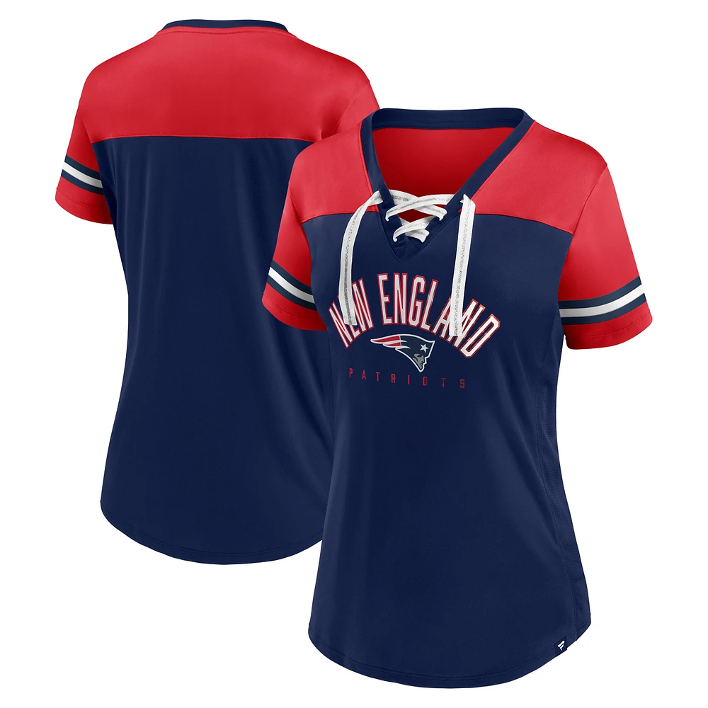 T-shirt en jersey à lacets et col V Fanatics pour femmes, bleu marine/rouge, New England Patriots Blitz & Glam