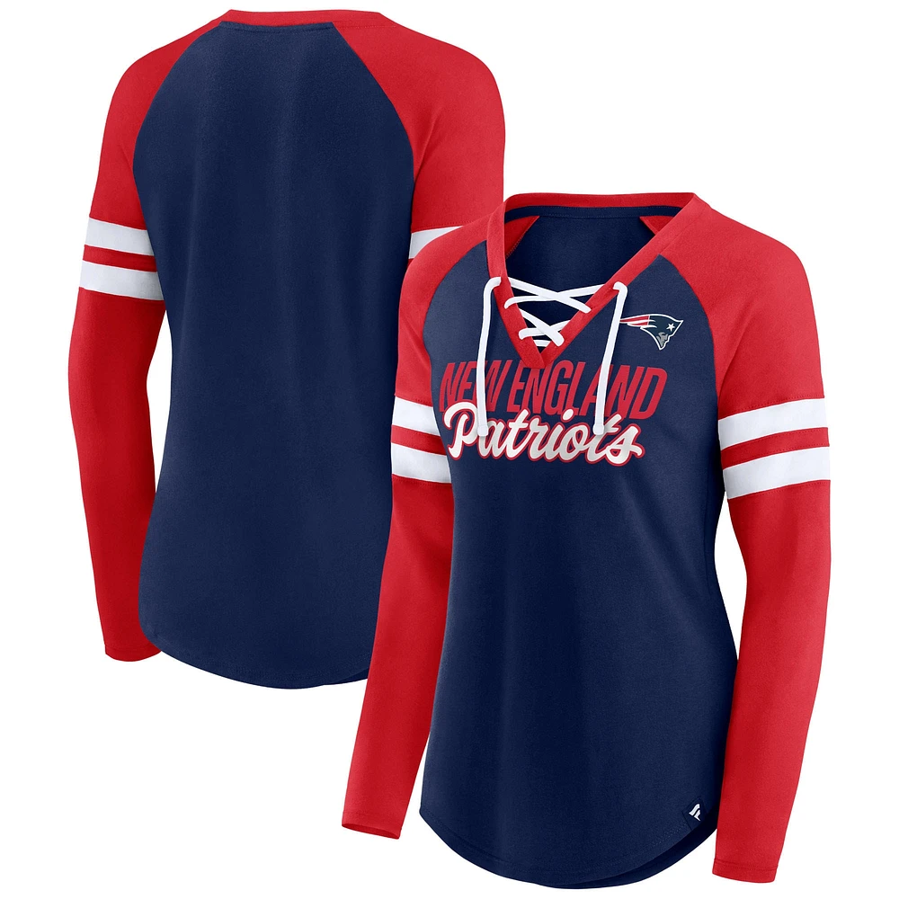 T-shirt fanatiques pour femmes, bleu marine/rouge, New England Patriots, grande taille, fidèle à la forme, col en V, manches longues raglan