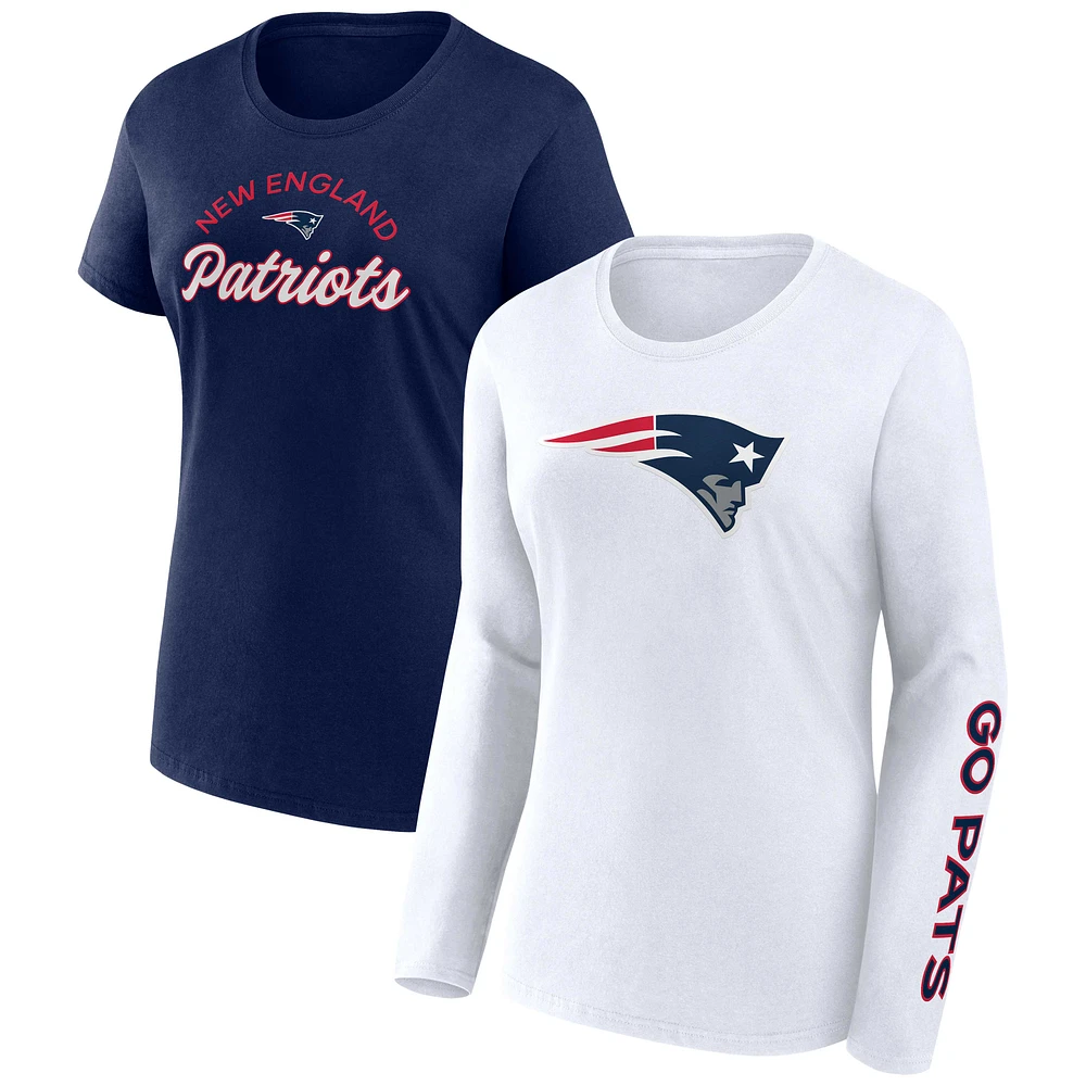 Pack combiné de t-shirts légers à manches courtes et longues Fanatics pour femmes, bleu marine/blanc, New England Patriots