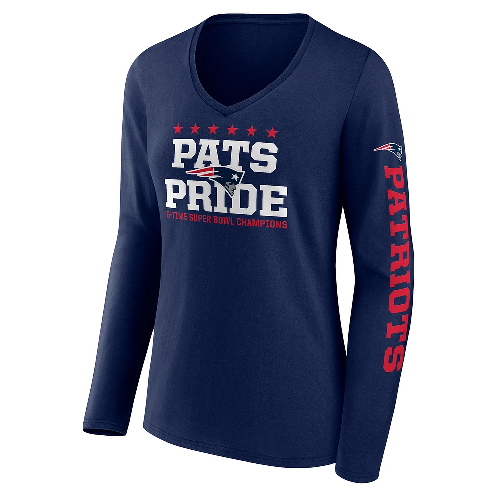 T-shirt à manches longues et col en V Fanatics Navy New England Patriots Hometown Sweep pour femmes